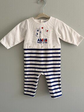 Jacadi "Friends for Life" Striped Fleece Romper Jumpsuit EUC 6M